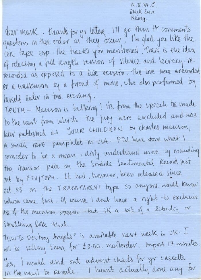 Letters from Geoff Balance of COIL to Mark Lally of Frux and the magazine They're Coming to take me away ha ha from 1984