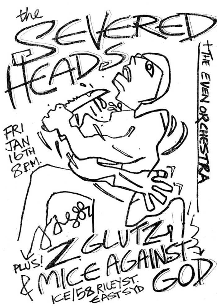 Poster Severed Heads and Mice Against God at ICE January 1981