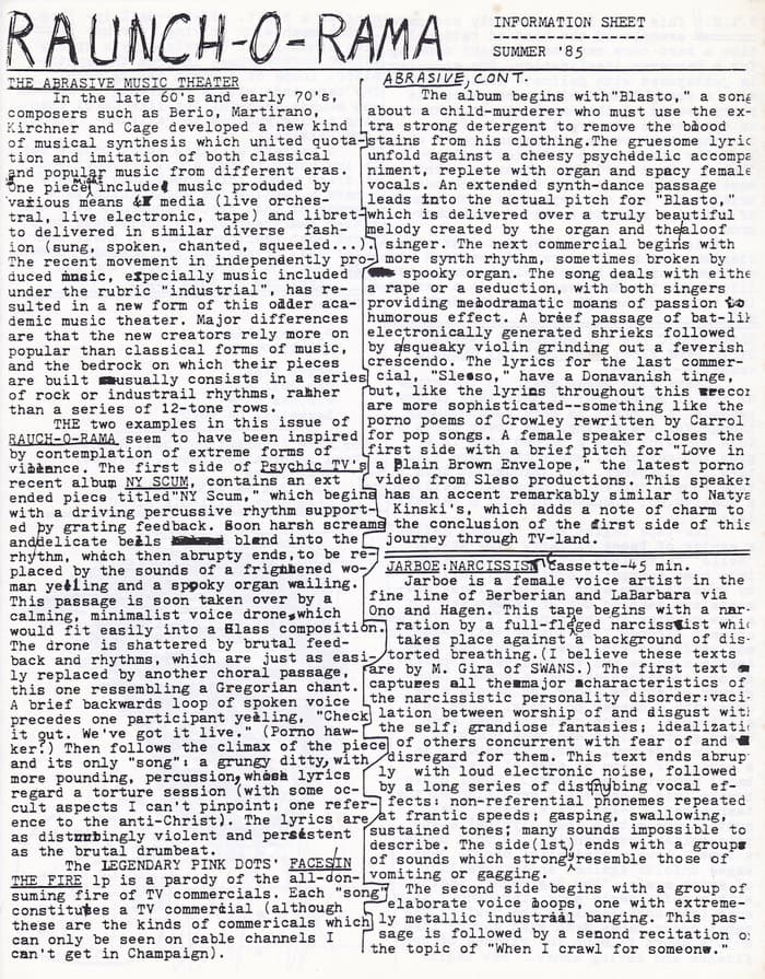Raunch-O-Rama Information Sheet Summer 85