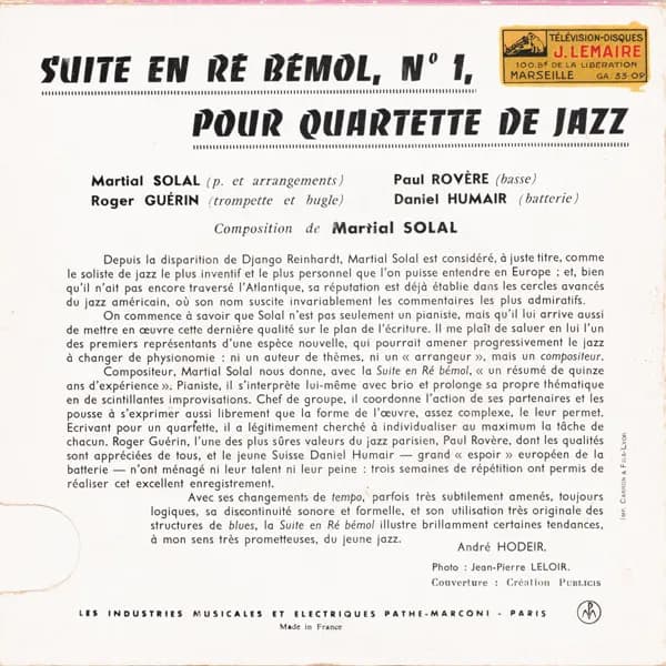 Martial Solal — Suite N° 1, En Ré Bémol, Pour Quartette De Jazz