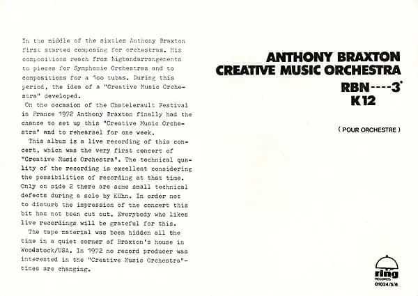 Anthony Braxton Creative Music Orchestra — RBN----3° K12 (Pour Orchestre)