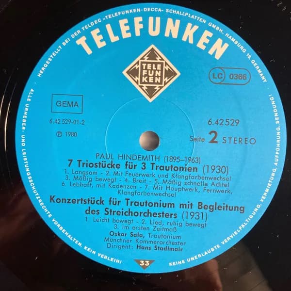 Paul Hindemith — Konzert Für Orgel / 7 Triostücke Für 3 Trautonien / Konzertstück Für Trautonium
