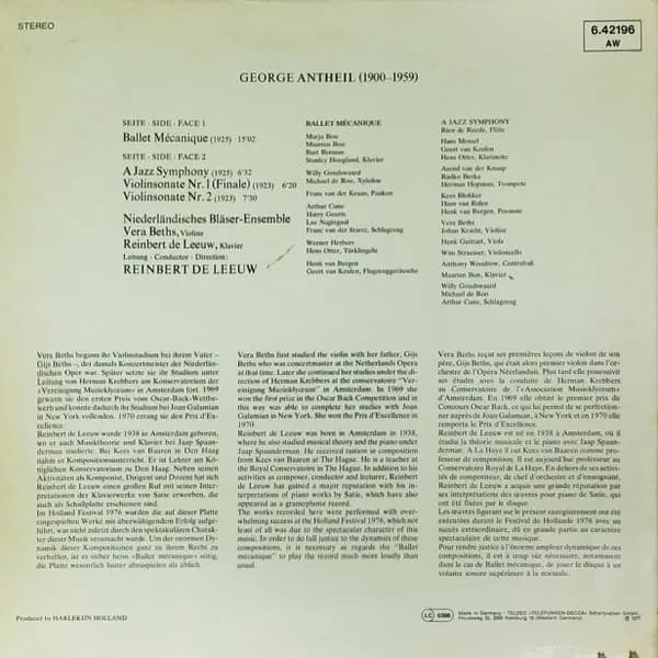 George Antheil - Vera Beths · Reinbert de Leeuw, Nederlands Blazers Ensemble — Ballet Mécanique • A Jazz Symphony • Violin Sonatas No. 1 & 2