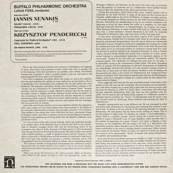Iannis Xenakis / Krzysztof Penderecki / Lukas Foss, Buffalo Philharmonic Orchestra — Akrata, Pithoprakta / Capriccio For Violin & Orchestra, De Natura Sonoris