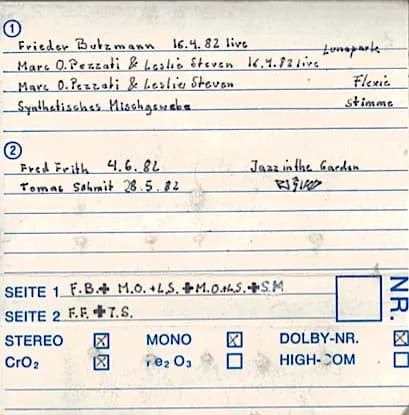 Frieder Butzmann, Marko Pezzati, Leslie Stevens, Das Synthetische Mischgewebe, Fred Frith / Tomas Schmit — Live Im Lunapark 16.4.82 / 4.6.82 / 28.5.82