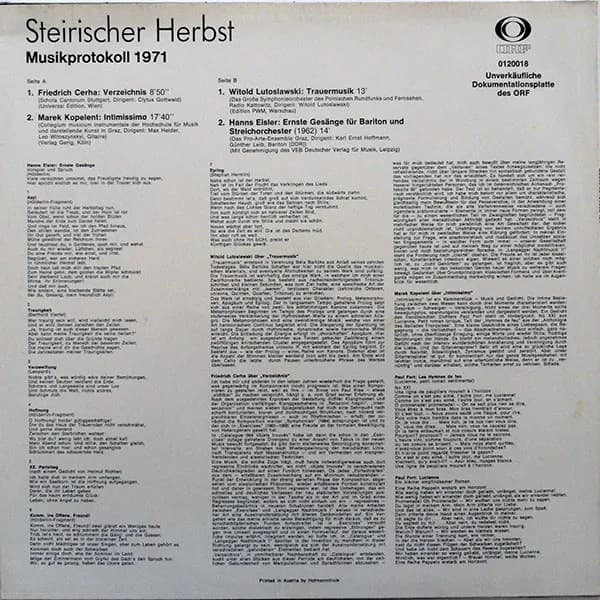 Friedrich Cerha / Marek Kopelent / Witold Lutoslawski / Hanns Eisler — Musikprotokoll 1971 - Steirischer Herbst