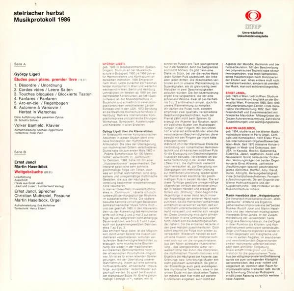 György Ligeti / Ernst Jandl + Martin Haselböck — Musikprotokoll '86 - Steirischer Herbst