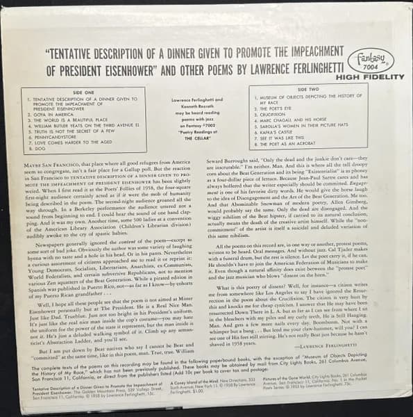 Lawrence Ferlinghetti — Tentative Description Of A Dinner To Promote The Impeachment Of President Eisenhower And Other Poems By Lawrence Ferlinghetti