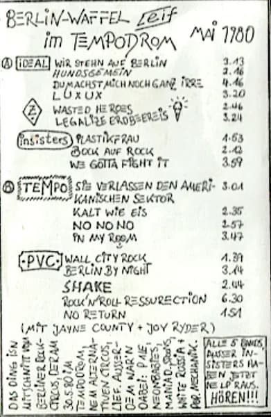 Tempo (2) / Insisters / Z (18) / Ideal (3) / PVC (5) — Berlin-Wave (Berlin Waffel Leif Im Tempodrom Mai 1980)