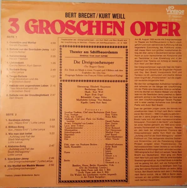 Bertolt Brecht / Kurt Weill, Carola Neher, Kurt Gerron, Harald Paulsen, Lotte Lenya, Dreigroschenoper-Band, Theo Mackeben — 3 Groschen Oper