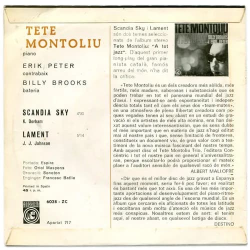 Tete Montoliu, Billy Brooks (2), Eric Peter — Scandia Sky / Lament