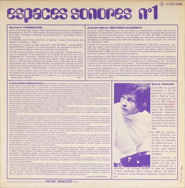 Bernard Parmegiani / Josep Maria Mestres Quadreny - Arlette Sibon-Simonovitch Avec Le Concours De Sylvio Gualda — Espaces Sonores N°1