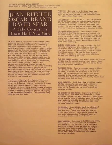 Jean Ritchie, Oscar Brand & David Sear — A Folk Concert In Town Hall, New York