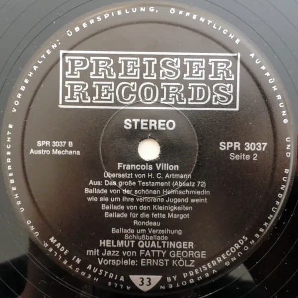 François Villon : H.C. Artmann / Helmut Qualtinger / Fatty George — Villon Übersetzt Von Artmann Gesprochen Von Qualtinger Mit Jazz Von Fatty George