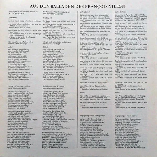 François Villon : H.C. Artmann / Helmut Qualtinger / Fatty George — Villon Übersetzt Von Artmann Gesprochen Von Qualtinger Mit Jazz Von Fatty George