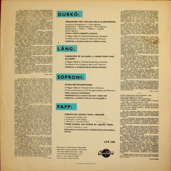 Durkó Zsolt, Lang István, József Soproni, Lajos Papp, Mihály Szűcs, Erika Sziklay, Lorant Szucs & Magyar Rádió És Televízió Szimfónikus Zenekara - György Lehel, Janos Sandor, Miklós Erdélyi — Organismi / Variations And Allegro / Ovidii Metamorphoses / Three Songs On The Poems By Trakl