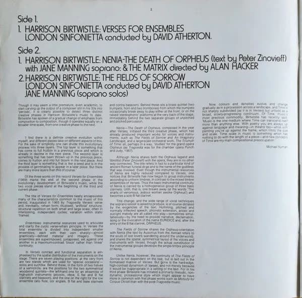 Harrison Birtwistle, London Sinfonietta / David Atherton (2), The Matrix (4) / Alan Hacker, Jane Manning — Verses For Ensembles / Nenia - The Death Of Orpheus / The Fields Of Sorrow