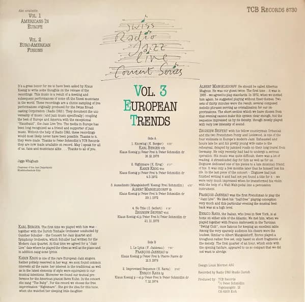 Karl Berger, Karin Krog, Albert Mangelsdorff, Zbigniew Seifert, François Jeanneau, Enrico Rava With Jazz Live Trio — European Trends