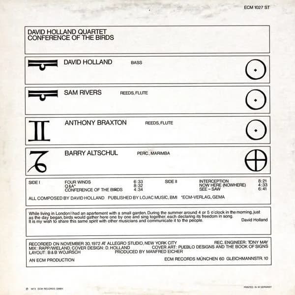 David Holland Quartet - Dave Holland, Sam Rivers, Anthony Braxton, Barry Altschul — Conference Of The Birds