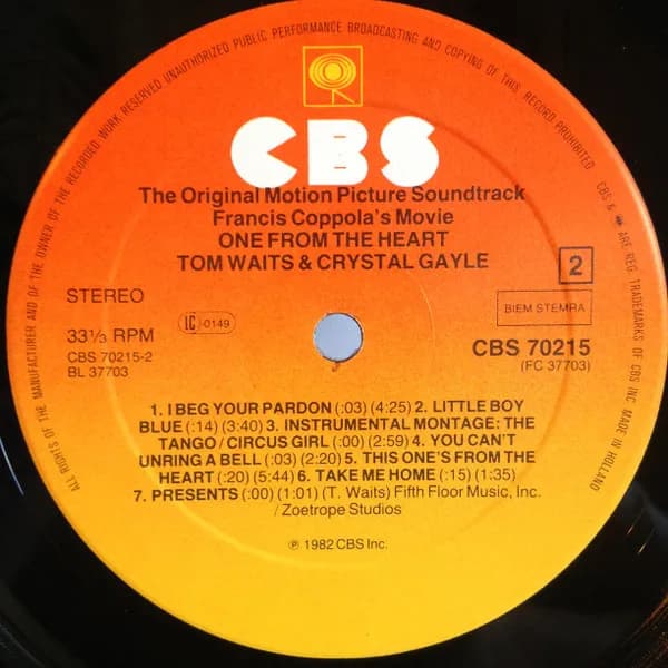 Tom Waits And Crystal Gayle — One From The Heart - The Original Motion Picture Soundtrack Of Francis Coppola's Movie
