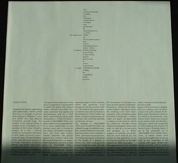 Mario Bertoncini · Earle Brown · John Cage — Cifre · Four Systems · Cartridge Music