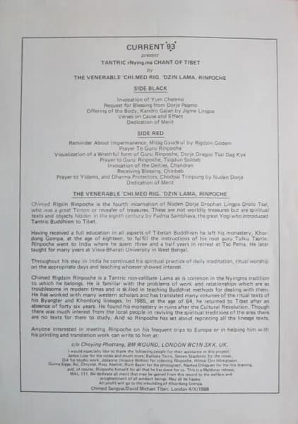 Current 93 Present The Venerable 'Chi.Med Rig.'Dzin Lama, Rinpoche — Tantric rNying.ma Chant Of Tibet