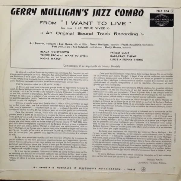 Gerry Mulligan — The Jazz Combo From I Want To Live! Bande Sonore Du Film Je Veux Vivre!
