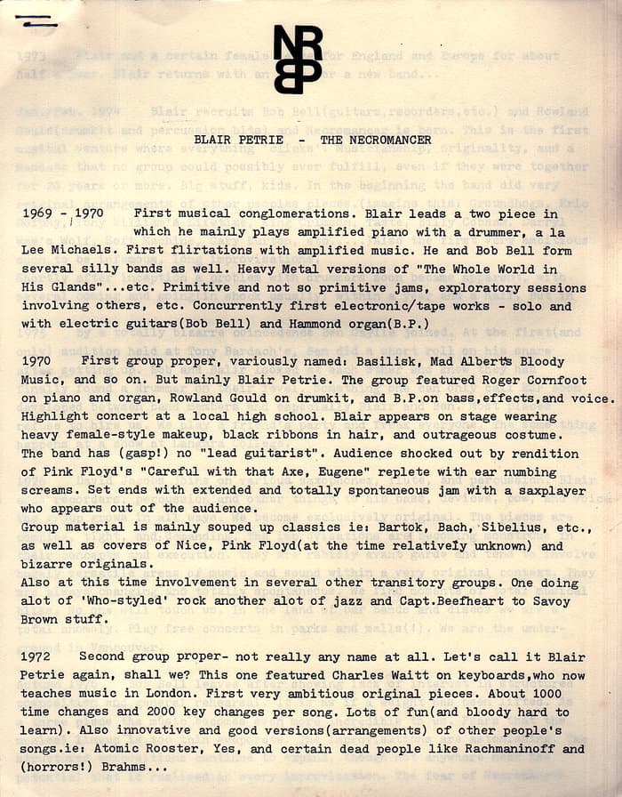 Blair Petrie The Necromancer Promomap with Vita 1984