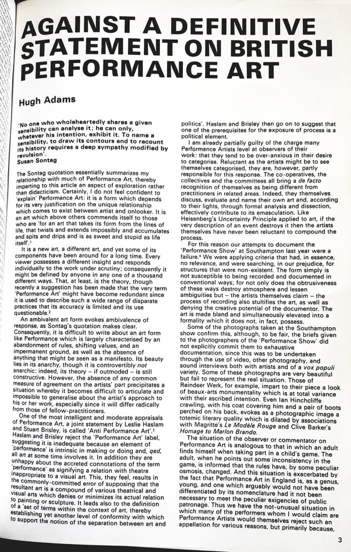 STUDIO INTERNATIONAL Vol. 192 no. 982 july-aug 1976, Studio International, London: Hugh Adams: Against a Definitive Statement on British Performance Art.