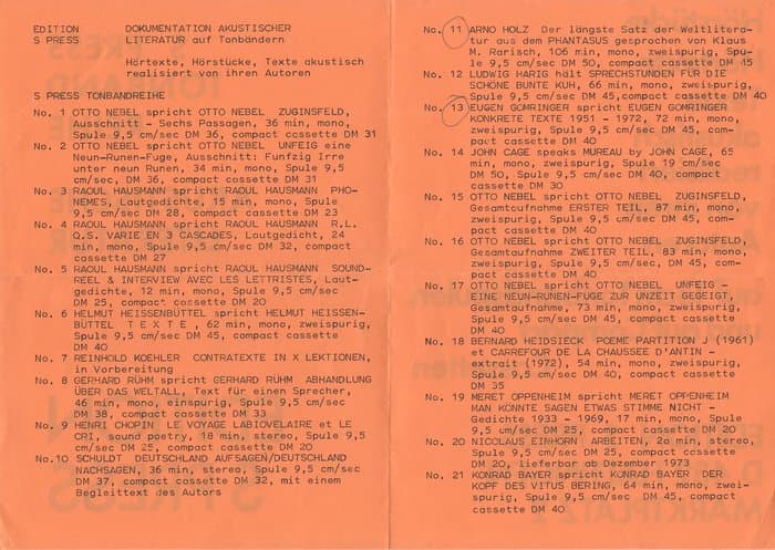 Edition S Press Akustische Literatur Katalog 1973 (1-21)
