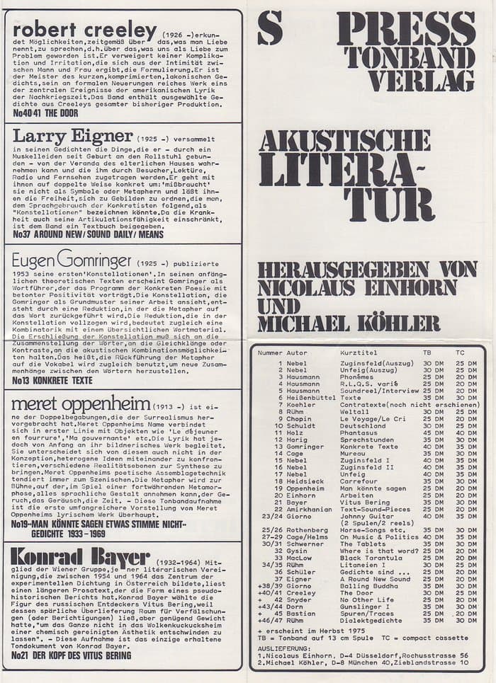 Edition S Press Akustische Literatur Katalog 1975 (1-47)