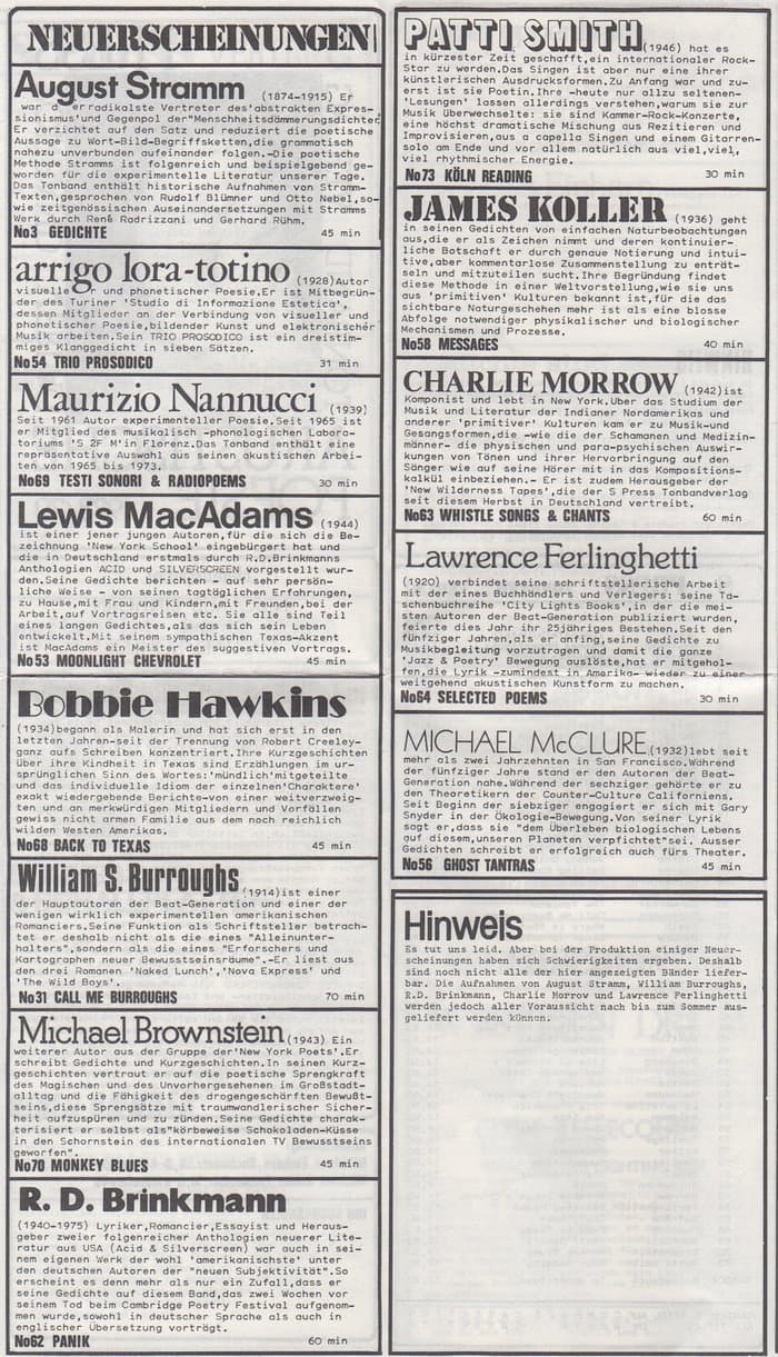 Edition S Press Akustische Poesie Katalog 1979 (1-73)