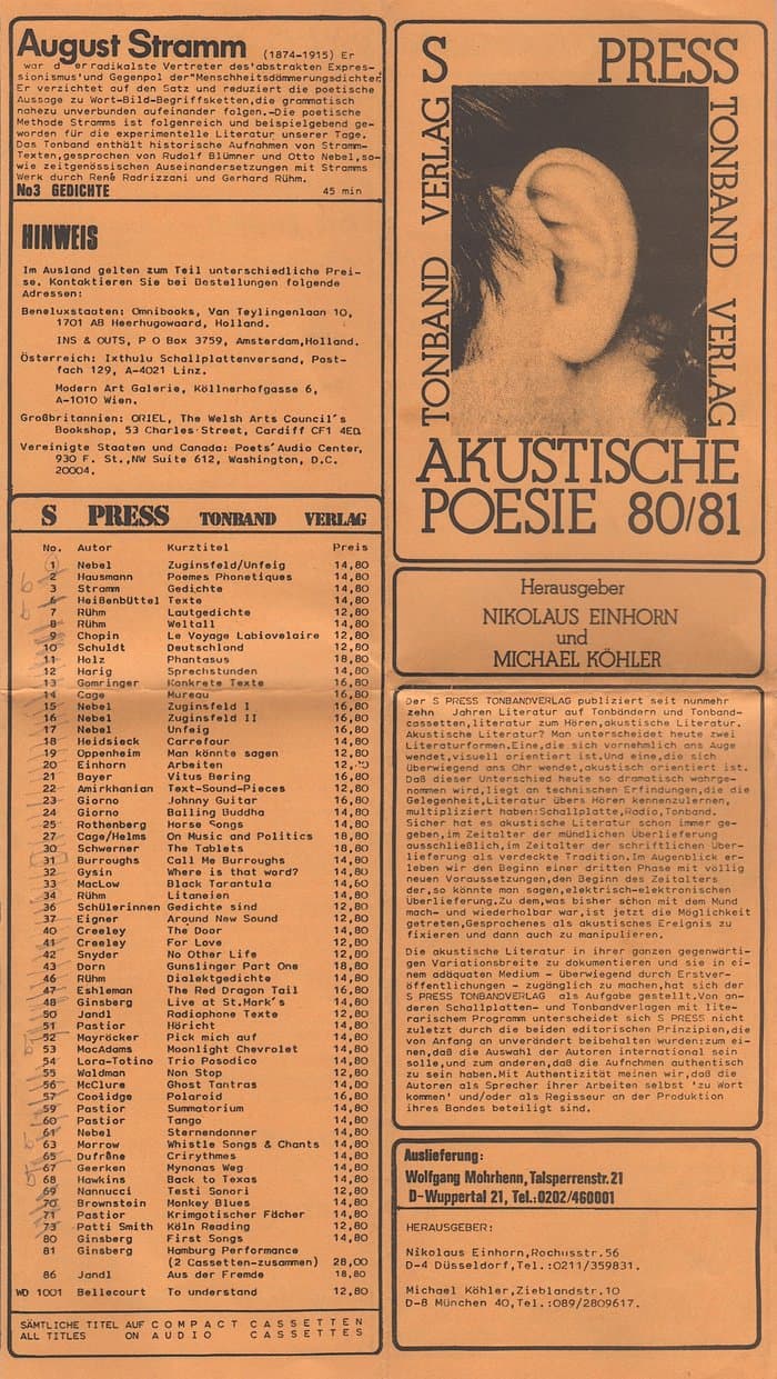 Edition S Press Akustische Literatur Katalog 1980/81 (No.1-86)