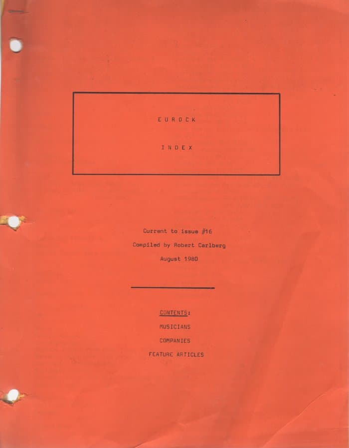Eurock Artists Index for Eurock 1-16 by Robert Carlberg