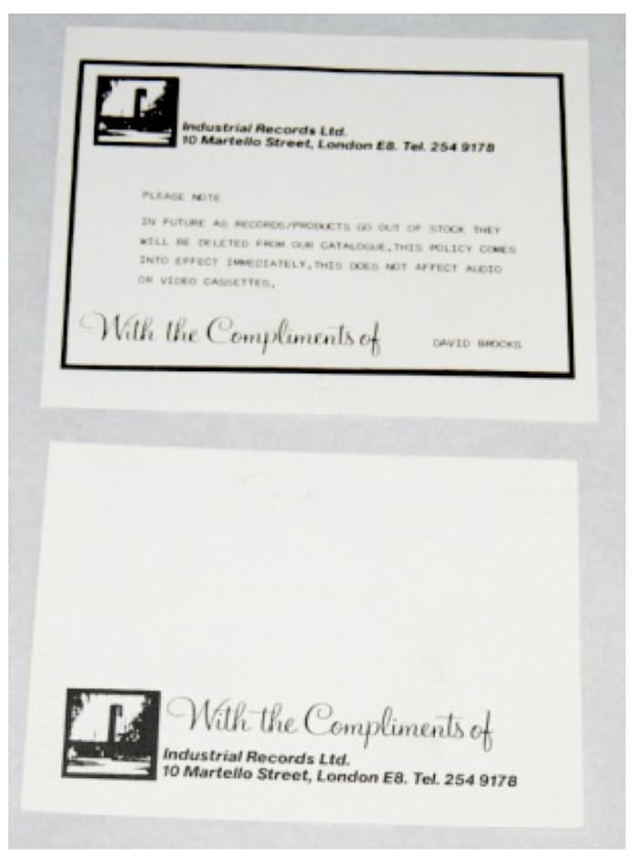 Industrial Records ephemera, two compliments slips, 159 x 128 mm and 148 x 107 mm