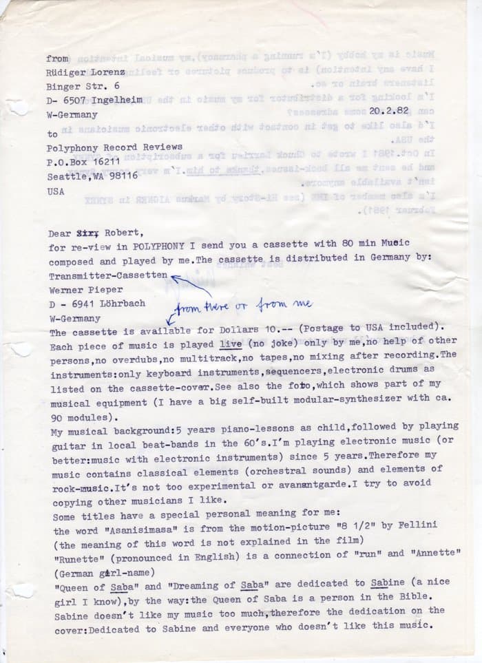 Letter to Polyphony (Robert Carlberg) about Queen of Saba Tape page 1
