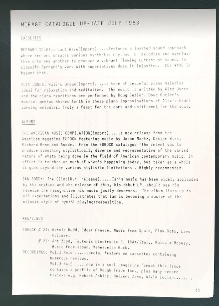 selected Mirage Distribution and Label Catalogues 1981-1985