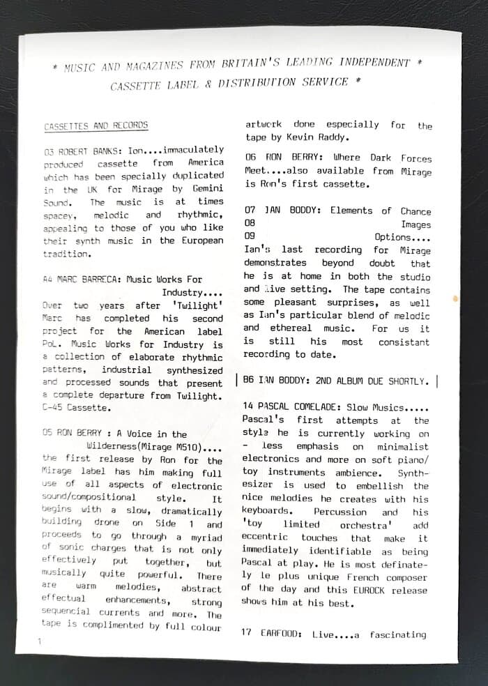 selected Mirage Distribution and Label Catalogues 1981-1985