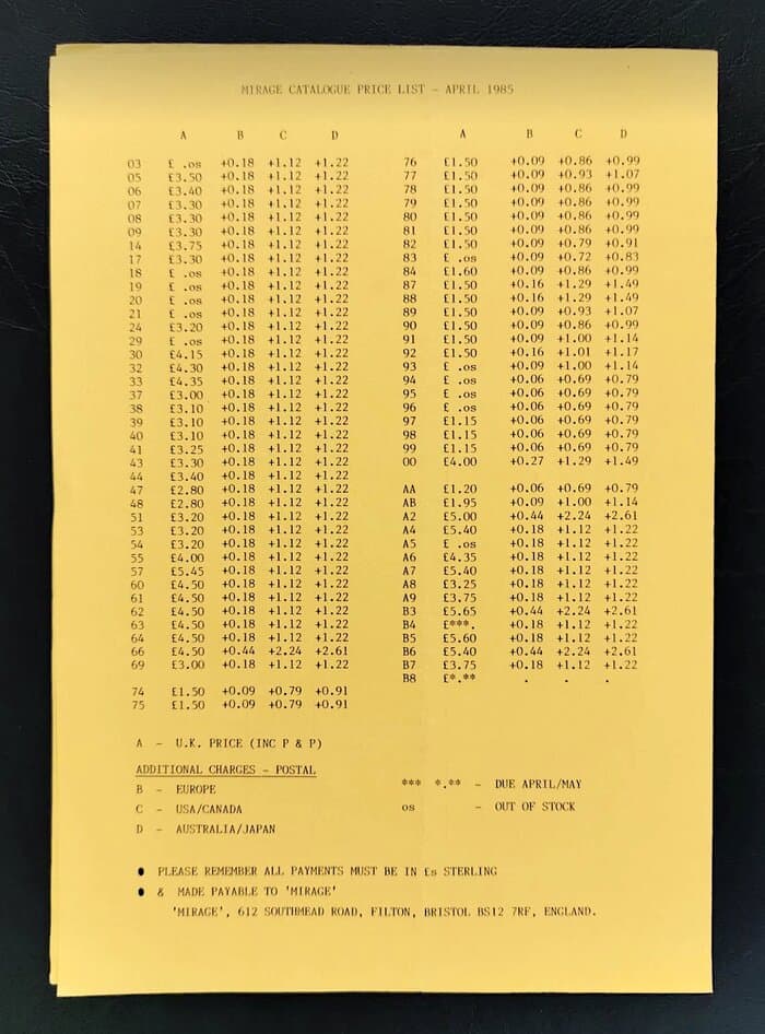 selected Mirage Distribution and Label Catalogues 1981-1985