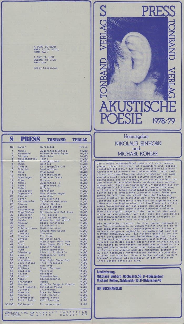 Edition S Press Tonband Verlag Akustische Poesie Katalog 78/79