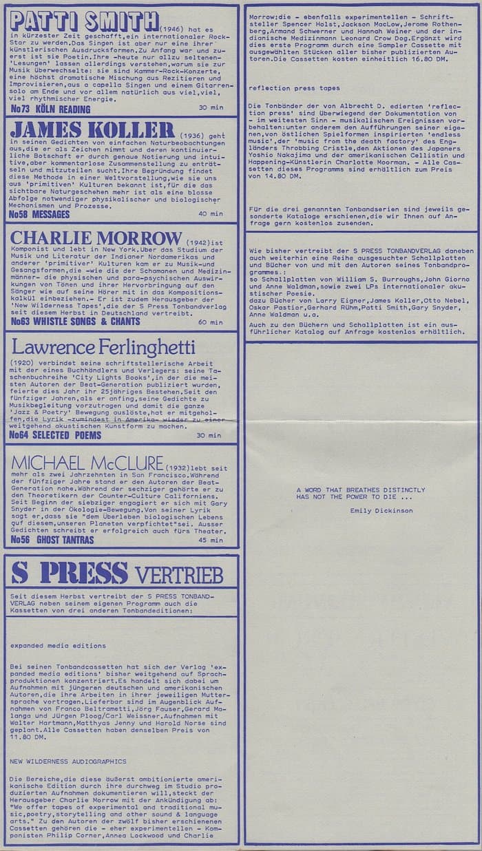Edition S Press Tonband Verlag Akustische Poesie Katalog 78/79