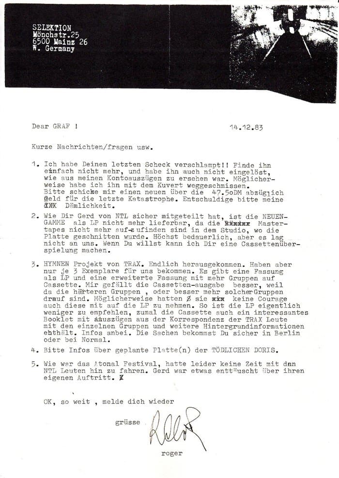Early Label-Overviews Inch Wahrnehmungen, letter to Haufen