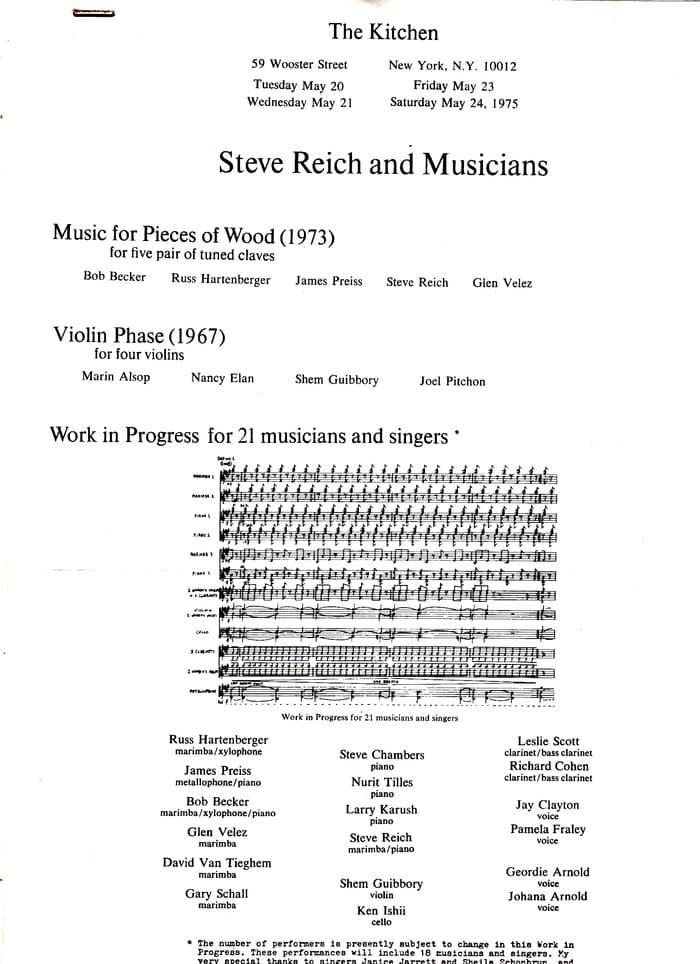 Program for COncert at Kicthen New York for Music for Pieces of Wood (1973), Violin Phase (1967), Work in progress