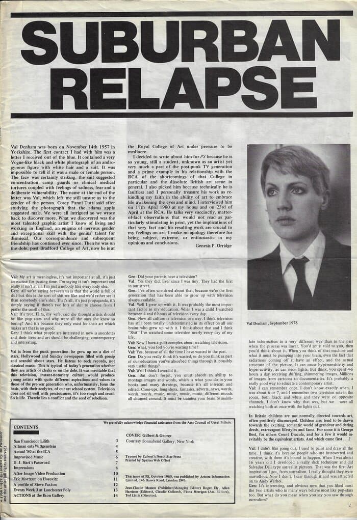 Article called "Suburban Relapse" by Genesis P-Orridge on Val Denham