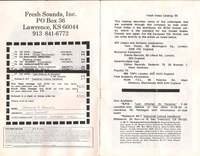 Fresh Sounds Video Catalogue 1985