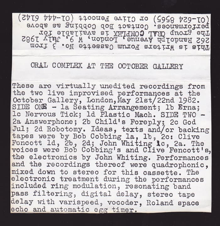 Oral Complex at the October Gallery May 21st/22nd 1982